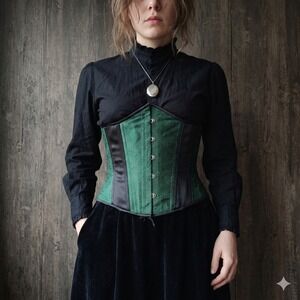 Hearts Delight Corset Womens 38 Green Floral Brocade Underbust Black Panels